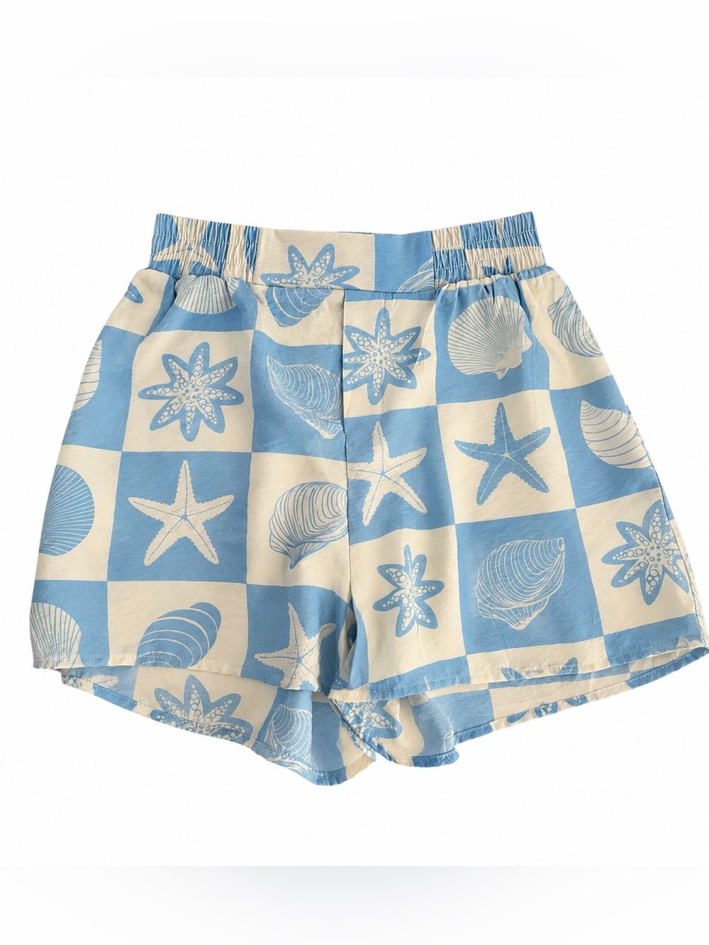 Timing Blue & Cream Starfish Shell Print High-Waist Shorts